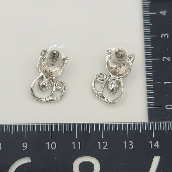 Silvertone Cat Crystal Earrings #1217 - Picture 6 of 11